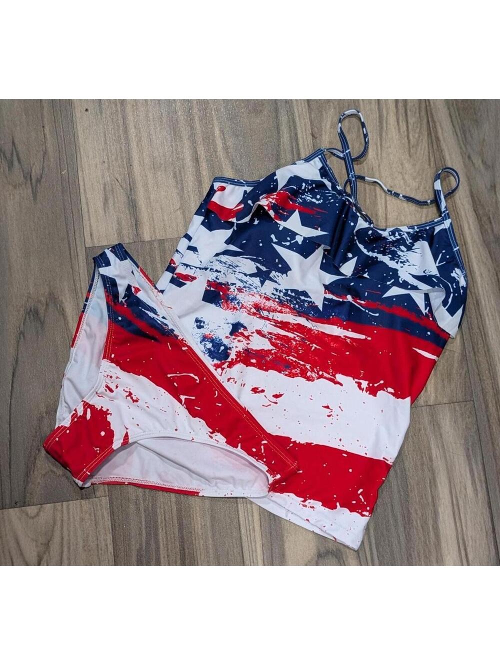 Two-Piece American Flag Print Tankini Swimsuit - Girl's 15/16 - NWOT